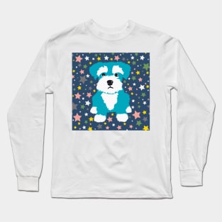 Turquoise Miniature Schnauzer and Stars on Blue Background Long Sleeve T-Shirt